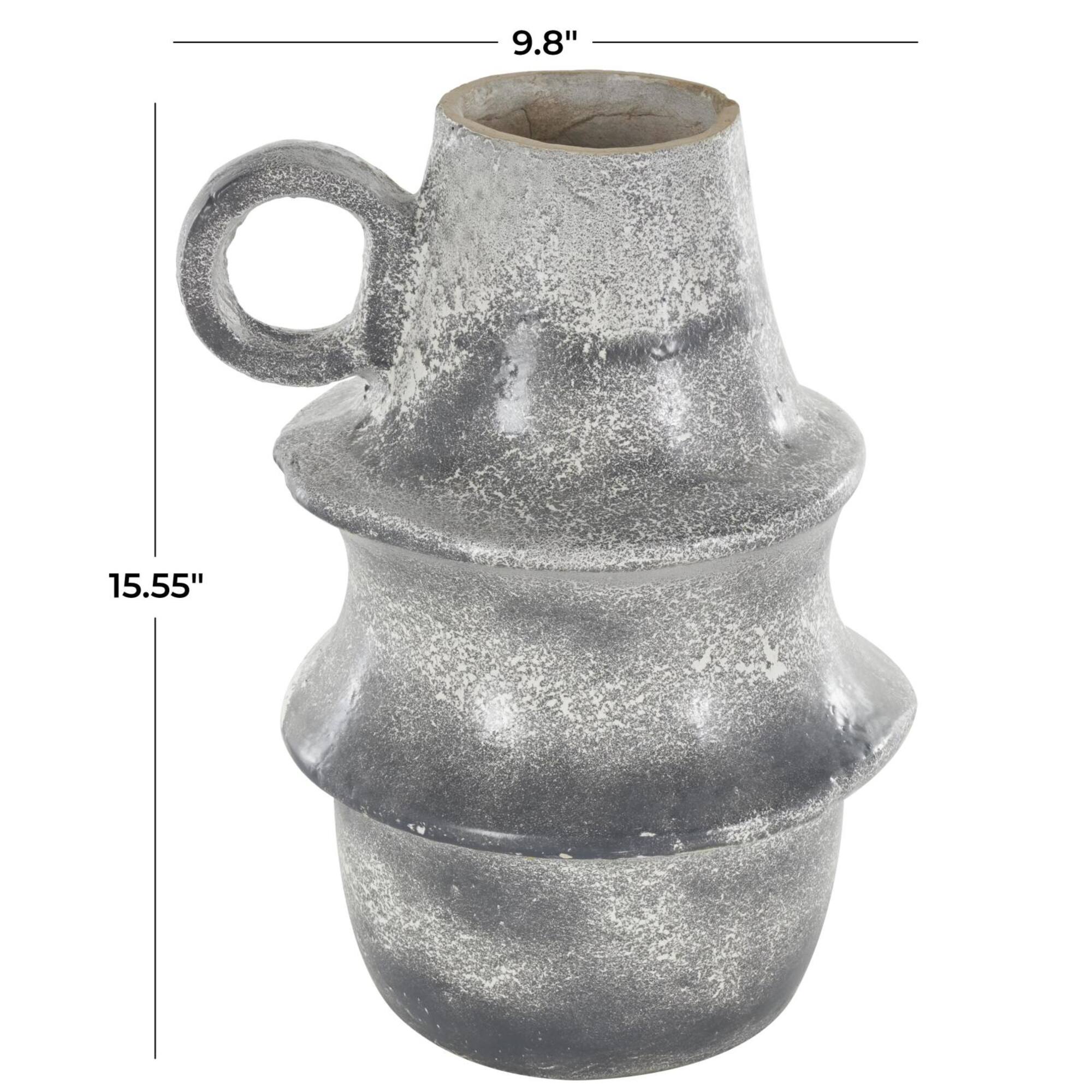 16" Light Gray Paper Mache Distressed Fluted Vase with Ring Handle